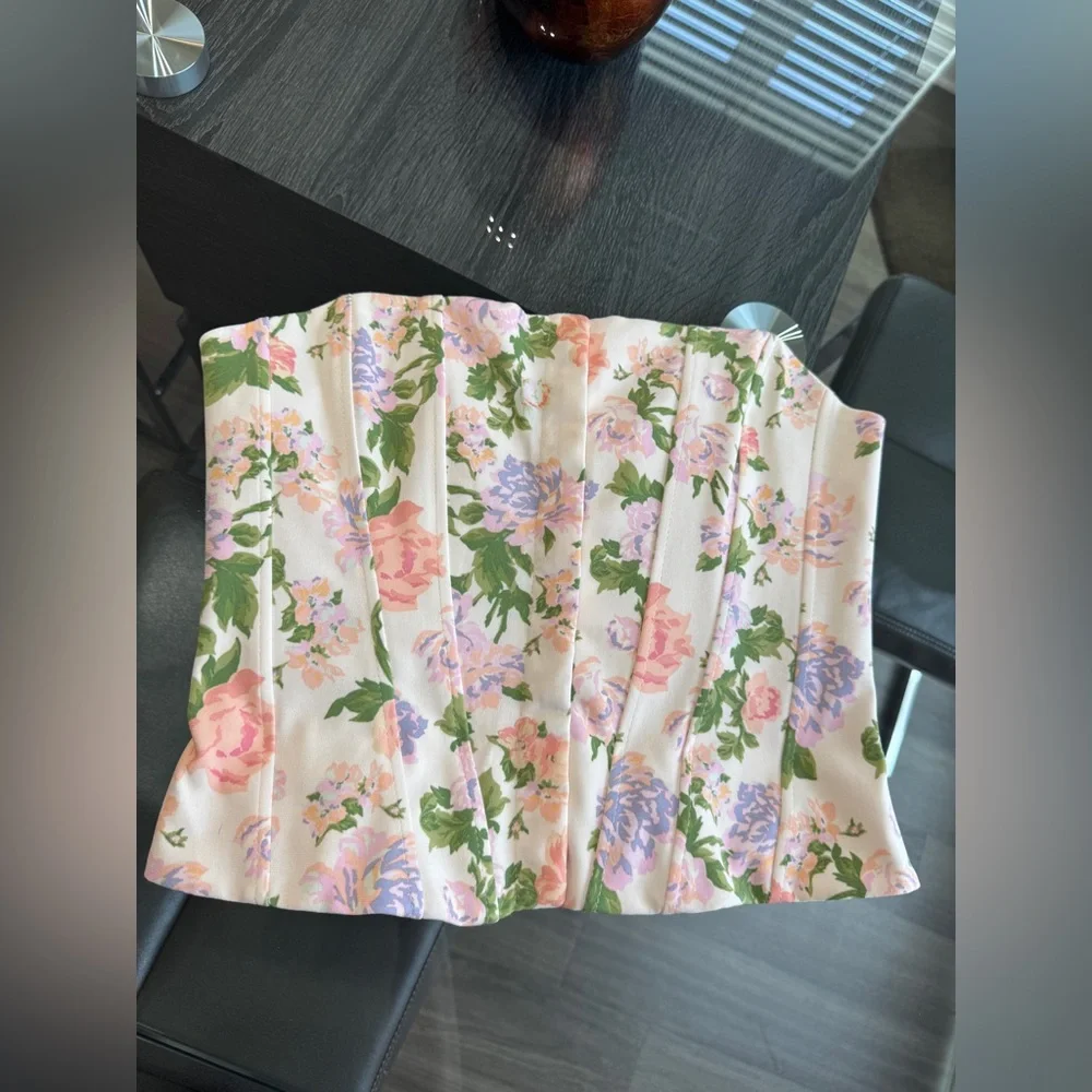 Zara Floral Strapless Corset Top in Pink with Green Accents - Picture 9 of 16